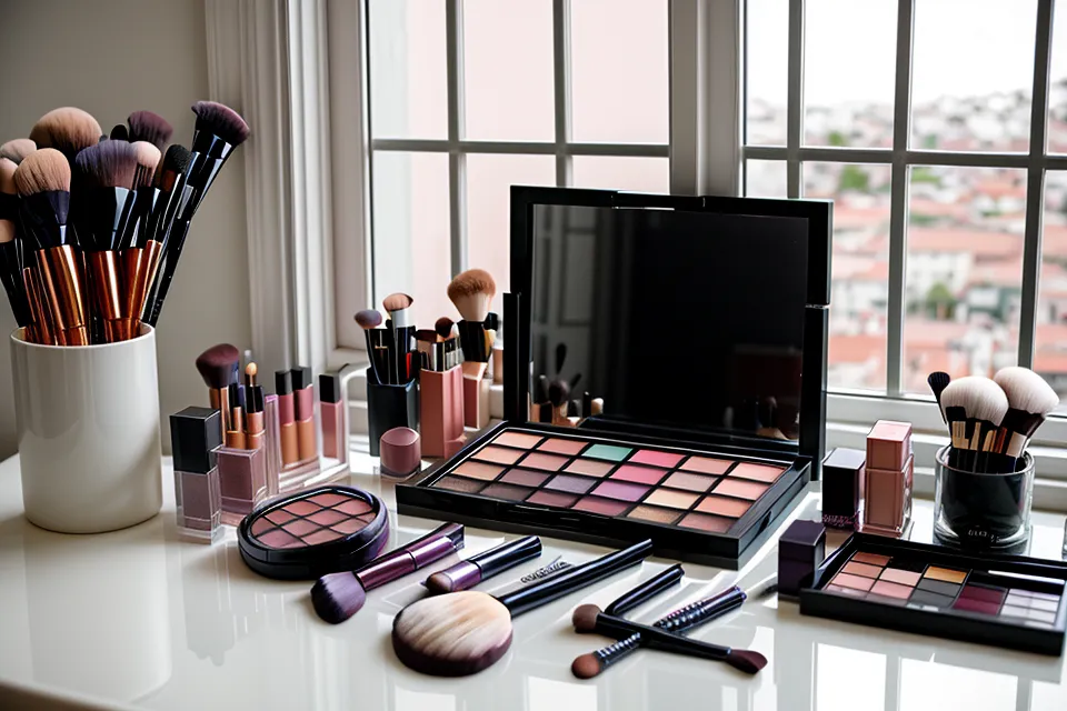 Paleta de sombras oscuras y herramientas de delineado bajo luz fría de estudio, útiles para un maquillaje hollywood con más contraste.