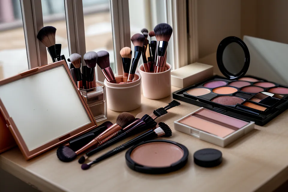 Pinceles de maquillaje desinfectándose en una solución de alcohol isopropílico, parte de las técnicas de belleza para mantener el set listo entre sesiones.
