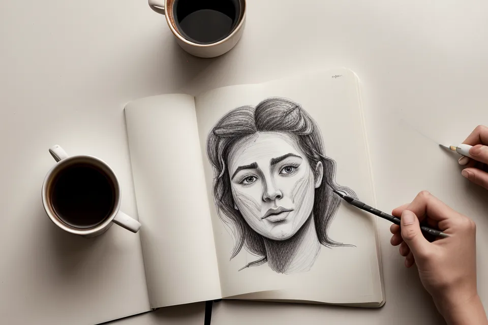 Cuaderno con apuntes de técnicas cinematográficas de contorno facial y una taza de café