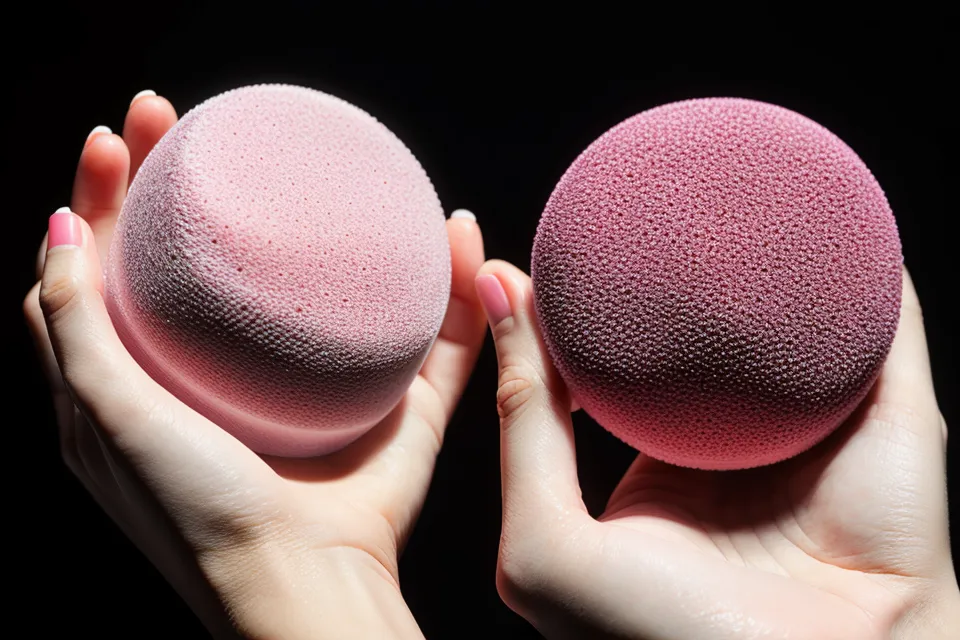 Mano sosteniendo una esponja de maquillaje para difuminar sombras de contorno facial