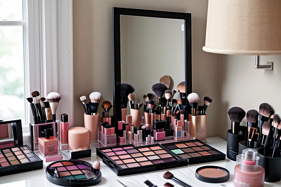 Brocha de maquillaje tomando rubor rosado para automaquillaje avanzado con técnica de draping