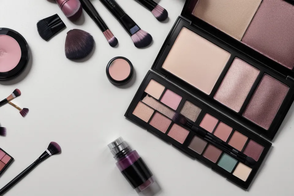 Paleta de sombras de ojos junto a elementos de una clínica dental, contraste entre luz clínica y maquillaje editorial
