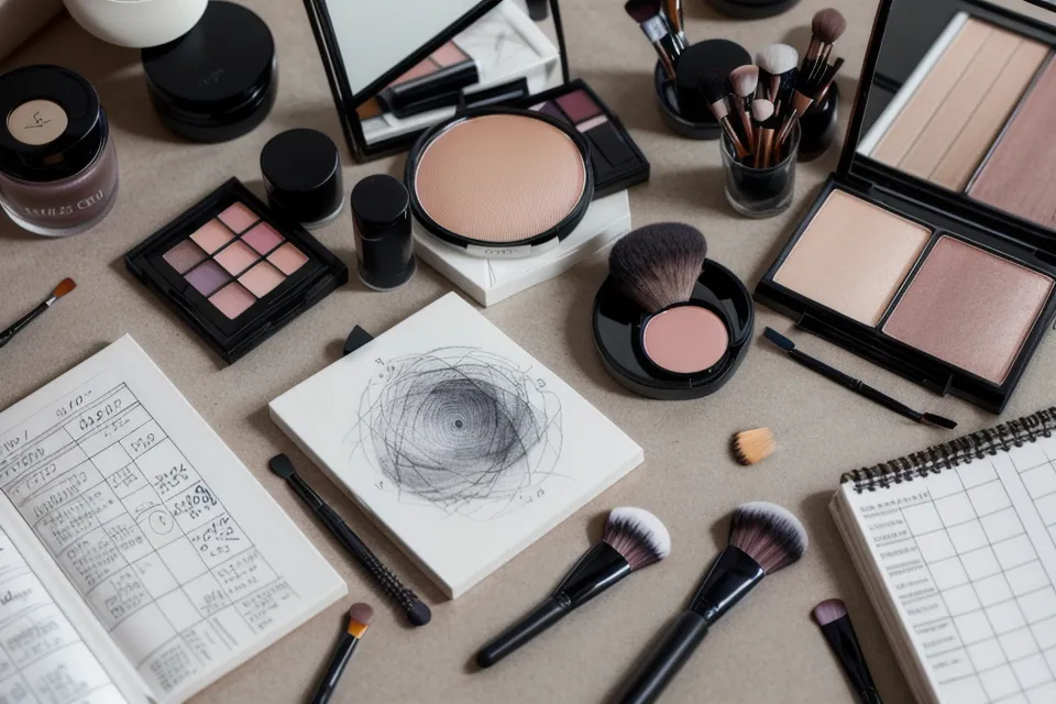 Herramientas de maquillaje hollywood junto a la ventana al atardecer, luz clave para las sombras azules