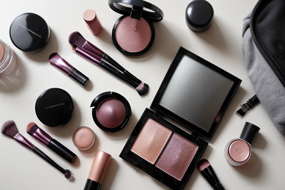Rizador de pestañas metálico y spray fijador para fijar el maquillaje hollywood-glam de ojos estilo Loren sobre mármol blanco
