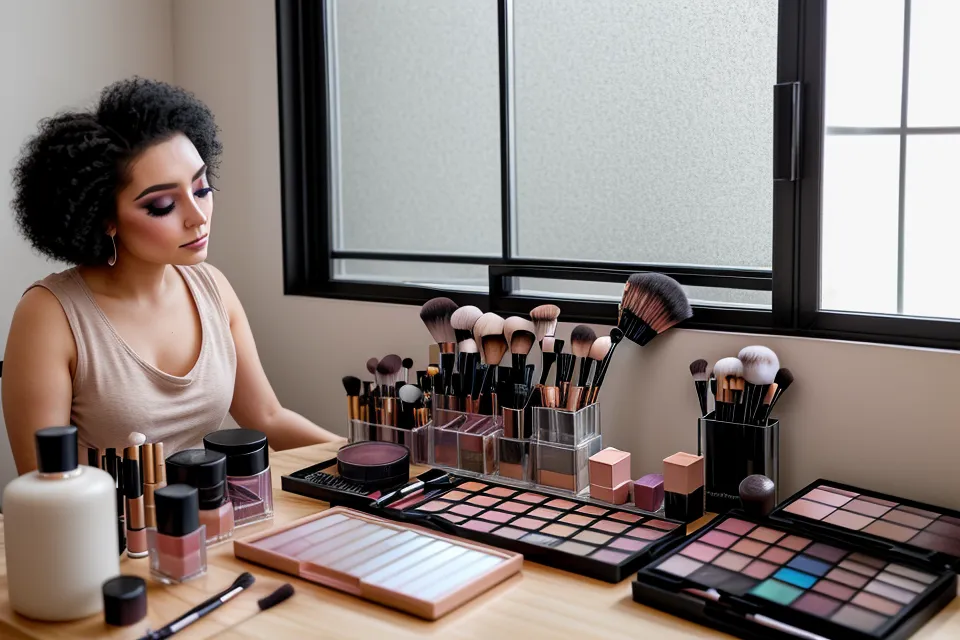 Brocha plana usada en maquillaje editorial etéreo sobre un paño de algodón limpio