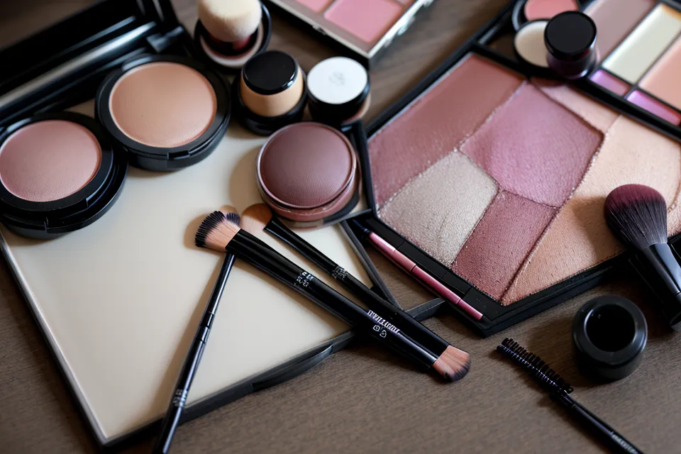 Brocha de maquillaje y base líquida usadas para preparar la piel antes del acabado de porcelana estilo Hollywood
