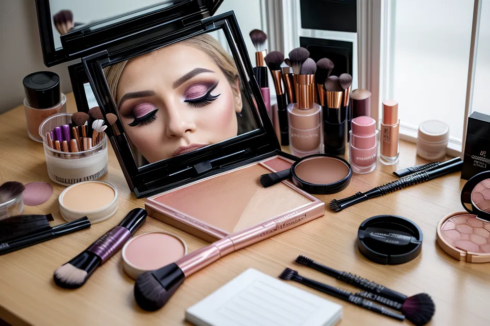 Brocha kabuki difuminando polvo suelto sobre la piel durante una rutina de maquillaje Hollywood aficionada