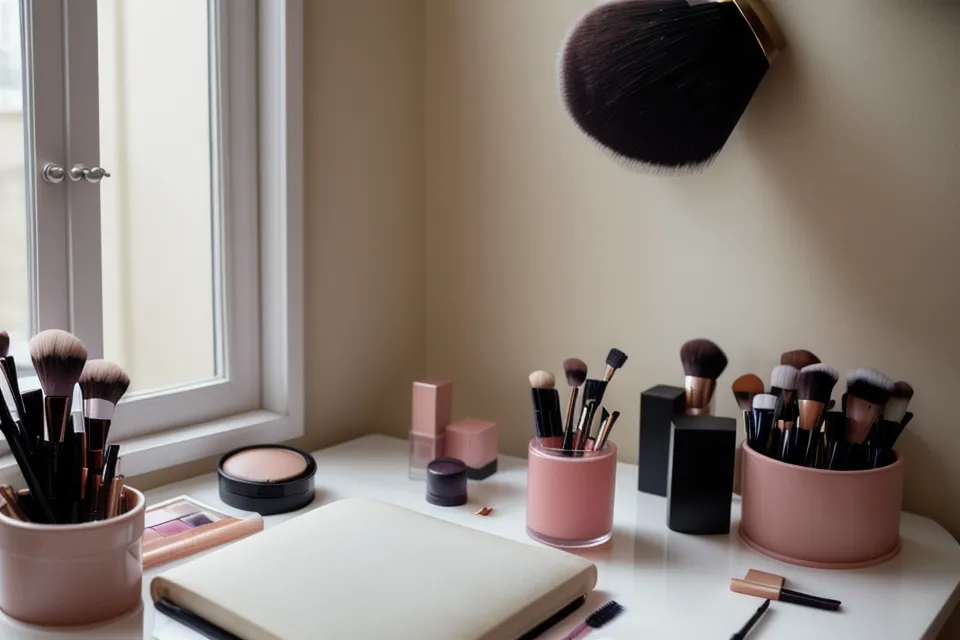 Pincel de maquillaje editorial junto a una agenda de trabajo administrativo, contraste entre la rutina de oficina y el automaquillaje de fin de semana.