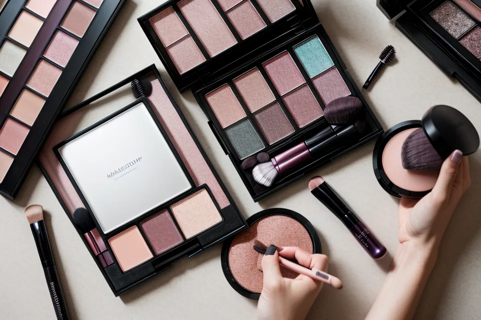 Tablet mostrando un curso de maquillaje estilo Hollywood sobre una mesa con cosméticos de automaquillaje editorial.