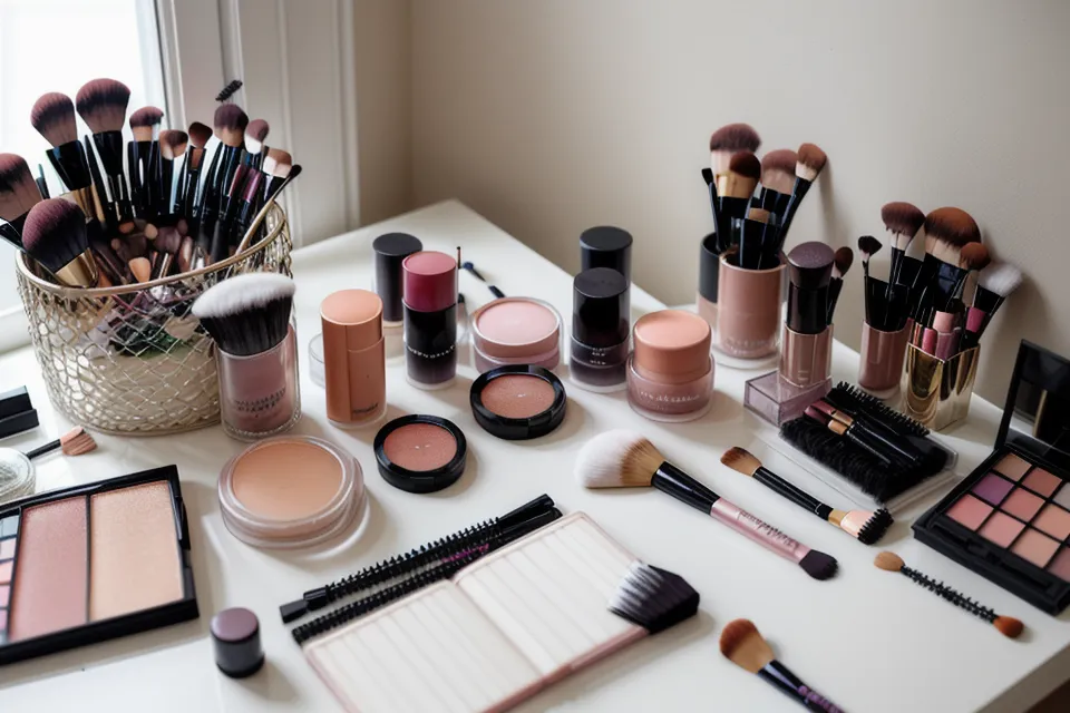 Brocha de maquillaje plana con restos de sombra editorial sobre un plato de cerámica, ritual de automaquillaje de fin de semana.