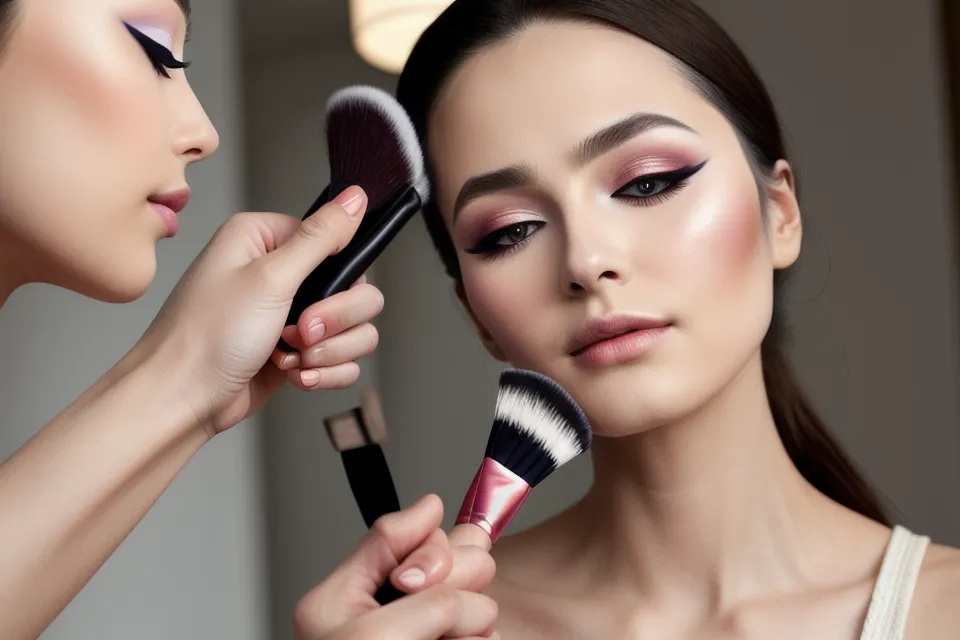 Detalle de mano dibujando ceja fina de maquillaje años 30 con pincel de precisión, estilo Hollywood clásico