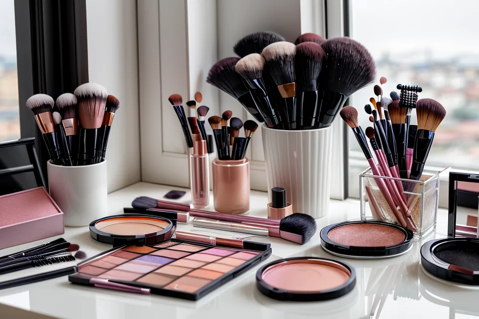 Brocha de maquillaje profesional con textura detallada después de ser utilizada.