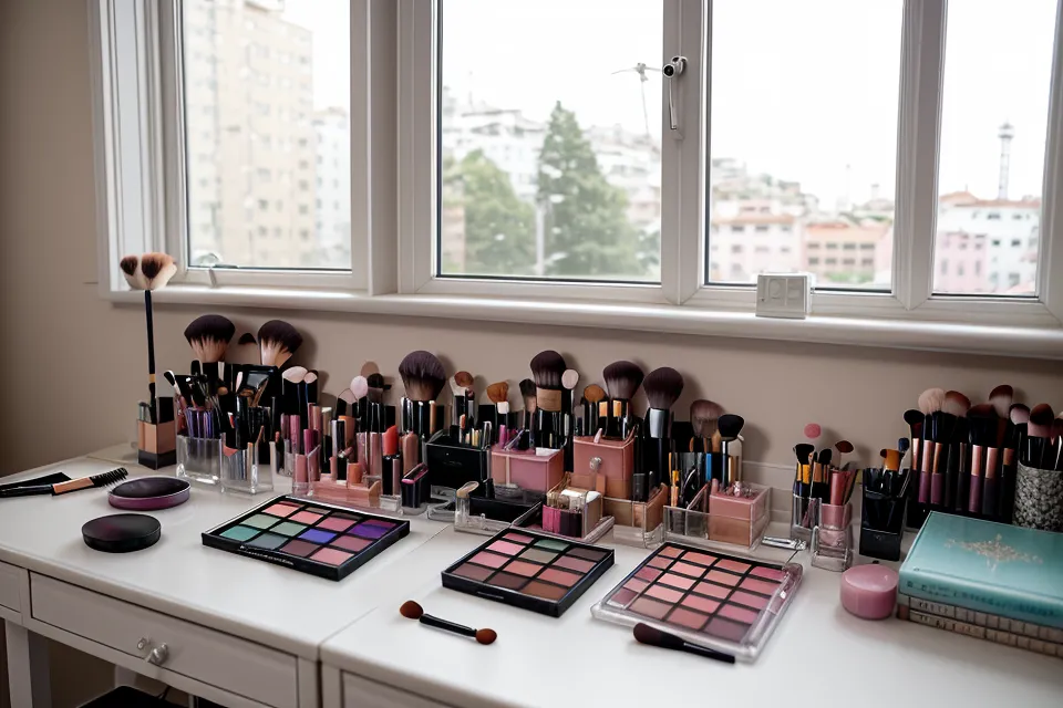 Celular preparado para capturar fotos de maquillaje editorial durante la hora dorada.