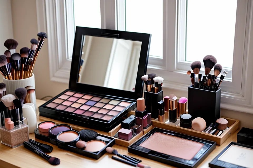 Paleta de sombras neutras y brocha angulada para un contorno frío de maquillaje editorial