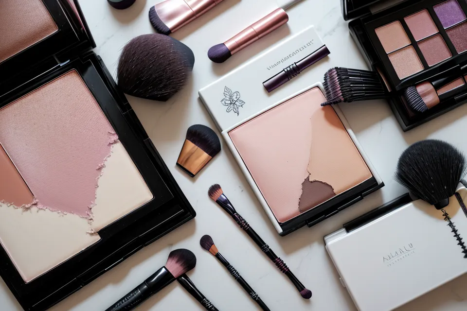 Paleta de sombras mate y utensilios de maquillaje editorial sobre madera