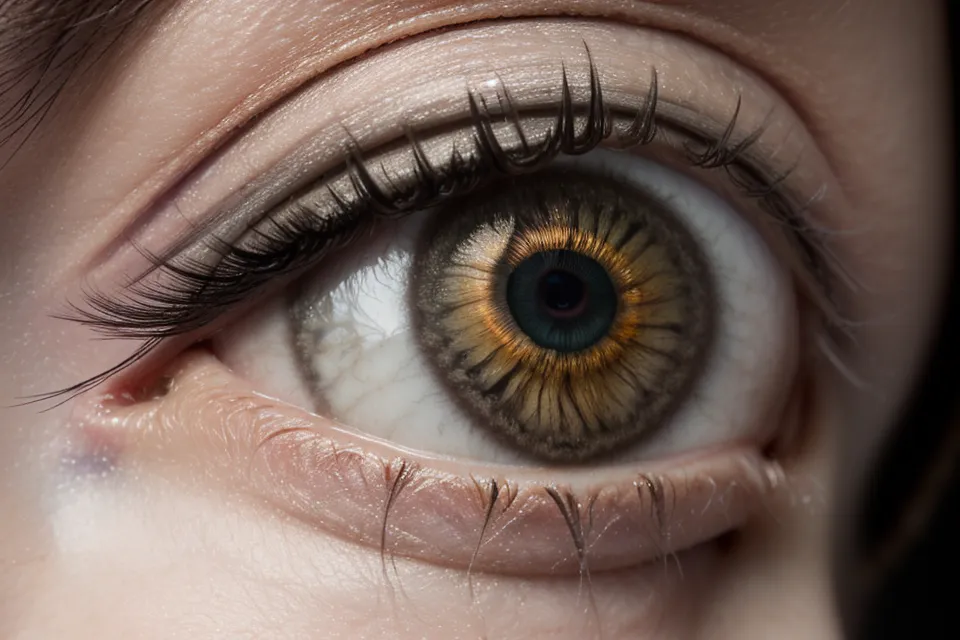 Macro de ojo con maquillaje efecto halo destacando el punto de luz para fotografía de retrato