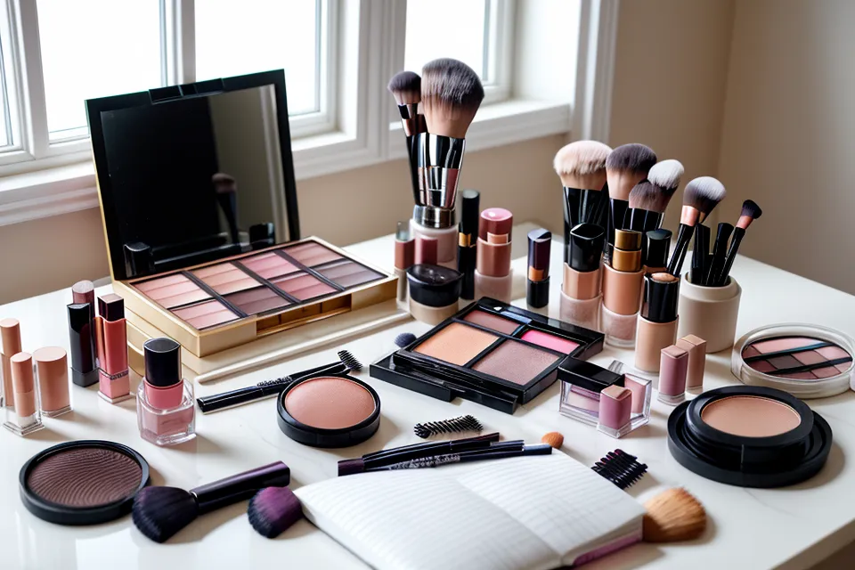 Lente de cámara junto a kit de maquillaje editorial usado para practicar el efecto halo