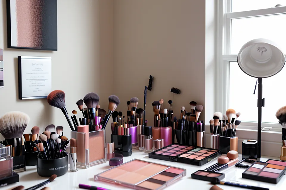 Frasco de base de maquillaje de farmacia de 30 ml y brochas sobre un tocador, ejemplo de cosméticos de farmacia para un maquillaje editorial estilo Hollywood