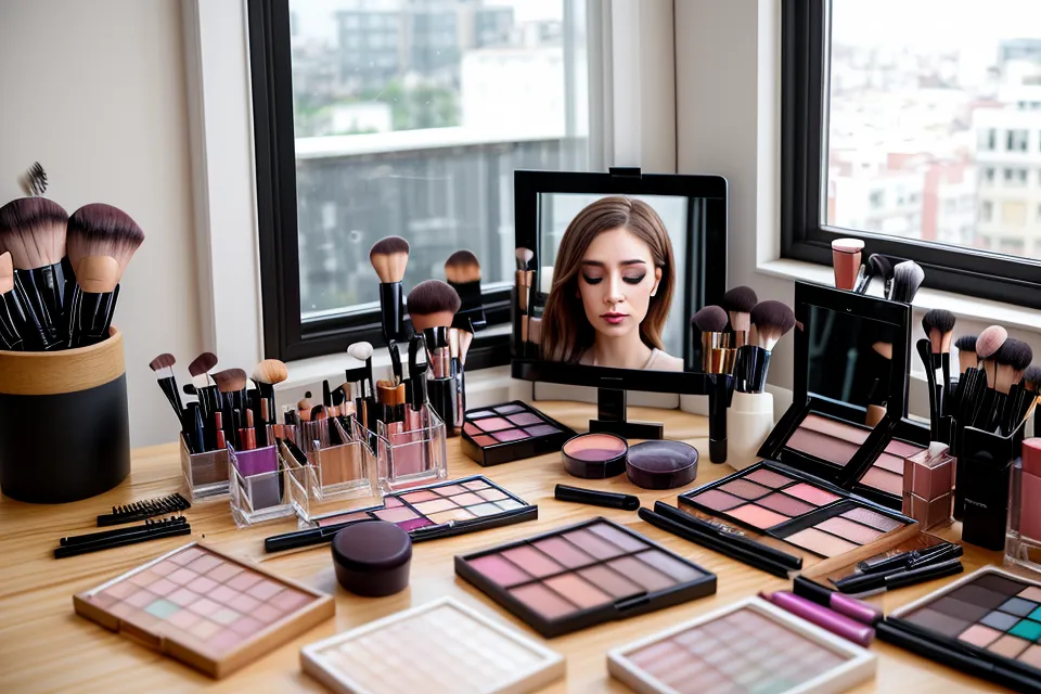 Primer plano de brocha plana con pigmento de labial rojo para labios difuminados en maquillaje editorial